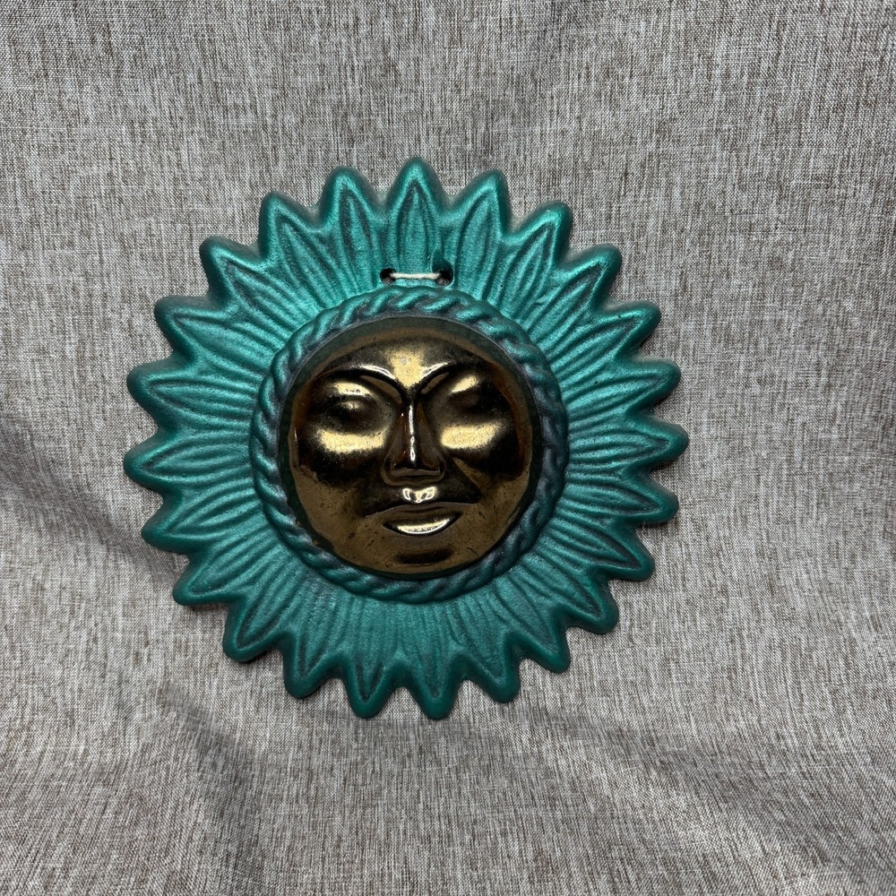 Vintage 1990s Celestial Brass Copper Pottery Terra Cotta Sun Face Wall Hanging